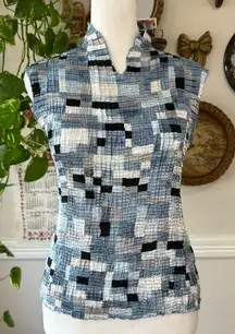 Vintage Y2K Icy Crinkle Popcorn Blue Tank Top Retro Cheongsam Collar Abstract