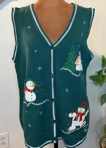 Vintage Ugly Christmas Sweater Vest Green Snowman Tree Ski Ugly Knit L G 12 14n