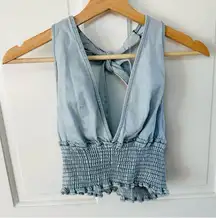 POL Denim Smocked Halter Crop Top Light Blue Wash Tie Neck Size S