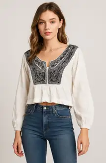 Free People Iggie Embroidered Blouse Ivory Black Bean Boho Peasant Top L Hippie