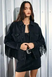 Western Fringe Black Denim Jacket Small Cowgirl Retro Biker Festival Grunge