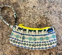 Kavu Blue and Green Patterned Wristlet with Yellow Zipper