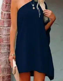 Navy Blue One Shoulder Dress Formal Comfort Cocktail Dress Size Small NEW