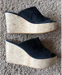 RossOro Classic Black Suede Leather Cork Wedge Mule Sandal Shoes Italy EU 35