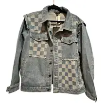 Womens Denim Jean Jacket J.NNA Checkered Blue  Patch 100% Cotton Size M