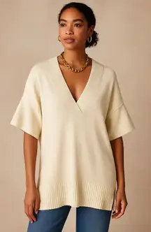 Lafayette 148 New York Knit V Neck Sweater Tunic Cream Cotton Silk Size M