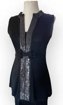 Vintage 70s Sleeveless Sequin Evening Pants Set Black Women's sz 12 Retro Glam