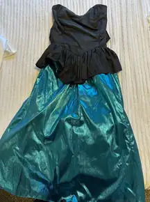 VTG 80s Gunne Sax Jessica McClintock Metallic Teal & Black Peplum Party Dress