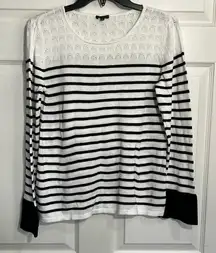 Hannah Women’s Striped Knit Sweater- Black/White Round Neck - Size Large