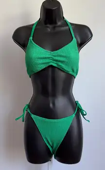 Aerie sz L top M bottom Green Ribbed Drawstring Bikini Set Adjustable‎ Tie Swim