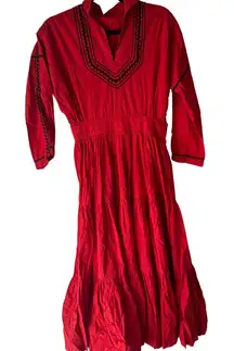 Vintage Handmade 1960s Red Maxi Dress Black Embroidery Tiered Dress Indigenous