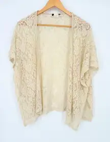 Vintage Deb Mesh Lace Cardigan Womens Size L Cream Sheer Boho Fairy Romantic USA