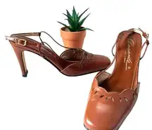 AMANTE Slingback Square Toe Pump Heel Shoes Size 8B Cognac Brown Leather Diecut