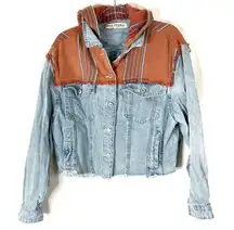 Free People | Baja Denim Jacket Light Wash Cropped Hooded Raw Hem Cotton S