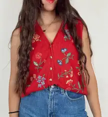 Vintage red floral embroidered button down short sleeve sweater
