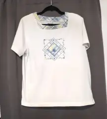 Koret Women's Large Blue Shirt, Floral Beaded Embroidered Top, Short Sleeve‎