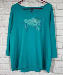Casey Key Women's Turquoise Sea Turtle Graphic Long Sleeve Shirt 2X NWT