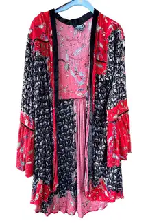 Angie Boho Paisley Kimono Robe Jacket Festival Cottage Red Black XL