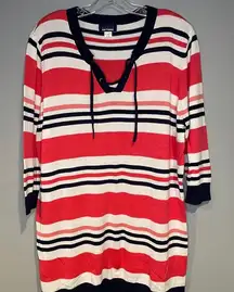 WOMEN'S BASIC EDITIONS LACE UP STRIPED SWEATER WHITE NAVY CORAL SIZE XL