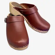 Womens MIA Alma Clog Brown Luggage Leather Wood Swedish 38 US 7.5/8