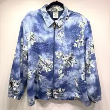 Blue Floral Postcard All Over Print Zip Front Jacket Sequins Allison Daley 20W