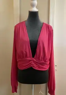 ⭐️ Sincerely Jules Pink Deep Plunging V Neck Bishop Sleeve Mesh Crop Blouse