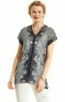 ✨CAbi Navy Blue Striped Floral Semi Sheer Yacht Sz Medium Navy Tunic Top✨