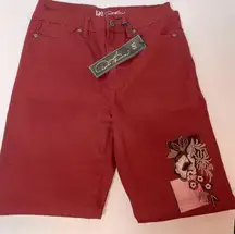 DG2 Diane Gilman Stretch Embroidered Patched Skinny Jeans, Wine Size 6 TALL New!