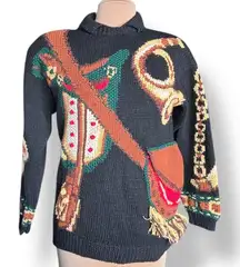 Vintage The Eagles Eye Black Hand Knit Chunky Equestrian Trompe Loeil Sweater