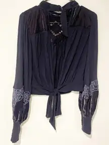 Free People Size XS Black Velvet Balloon Sleeve Open Back Tie Waist Top