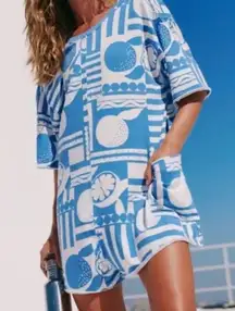 FP Hot Shot Printed Tee Romper in Sunday Market Blue sz xs NWT