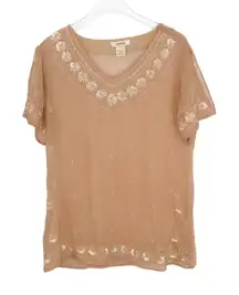 Sundance Peach Beaded Embroidered Short Sleeve Bohemian Blouse Small
