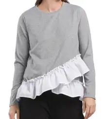 Robert Louis Soft Long Sleeve Asymmetrical Ruffle Hem Top Gray White L NWT