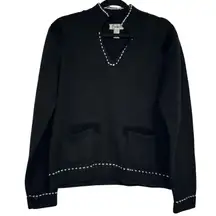 Vintage Black Knit Pullo Sweater Womens L Preppy V Neck White Trim Classic Fall