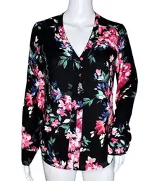 Express Shirt Women’s XSmall Black Pink Floral Popover Office Work Career Casual