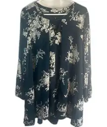 Jodifly Dark Green Floral Long Sleeve Tunic Blouse Keyhole Neck Women's Sz Small