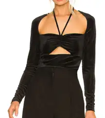 AFRM Top Womens XS‎ Black Adria Velvet Long Sleeve Crop Drawstring Ruched Shirt