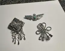 Thunderbird, Tied Rope, Rhinestone With Dangles Brooch Pin Lot Of 3 Silver Tone