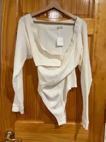 New Free People Intimately Cream Waffle Knit Long Sleeve Bodysuit Snap Closure