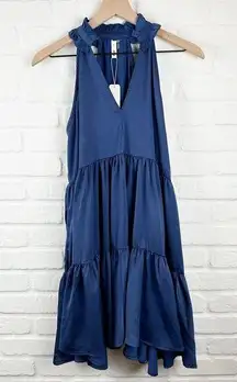 Glam Los Angeles Blue A-Line Tiered Halter V-neck Satin Dress Size Small