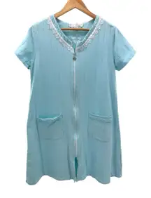 Eileen West Short Knit Robe S M‎ Aqua Zip Front 100% Cotton Pockets Pintucks