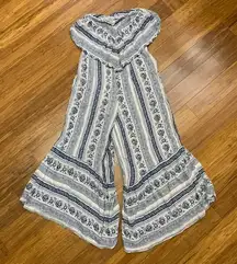 American Eagle Womens XS‎ Jumpsuit White Blue Floral Strapless Wide Leg Palazzo