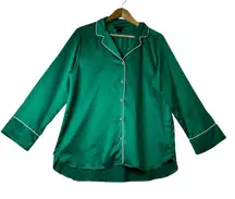 Natori Green Satin Pajama Top with White Piping