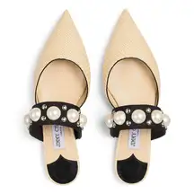 Jimmy Choo Basette Pearl Embellished Raffia Pointed Toe Slide Mule Flat Shoes 38