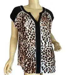 WORTHINGTON ANIMAL PRINT BLACK, TAN & WHITE CAP SLEEVE JERSEY KNIT TUNIC (XL)