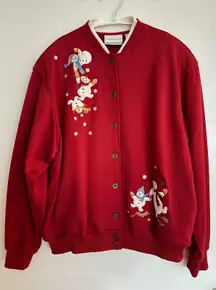 Alfred Dunner Red Button Up Bomber Style Cardigan - Embroidered/Applique Snowmen