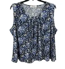 Jones Studio Separates Blue Floral Round Neck Pleated Sleeveless Dressy Top 24W