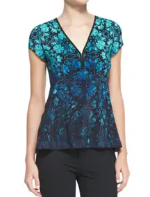 Nanette Lepore Motive 100% Silk Top 12 Floral V-Neck Ombre Blue Slim Office Chic