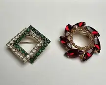 Rhinestone Brooch Pin 1 Red 1 Green Vintage - Modern Lot Of 2 Gold Tone