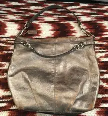 Coach F16618 Metallic Grey Silver Brown Leather Hobo Shoulder Hand Bag Purse. Measurements in pics.